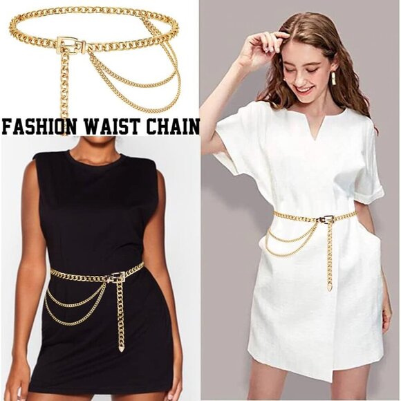 Women Girls Gold Alloy Multi-Layer Waist Chain Belt for Dress Party